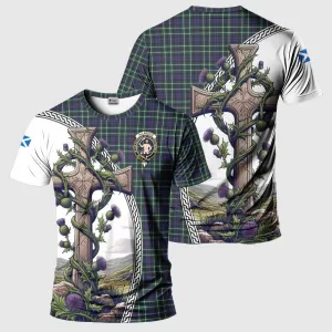 Allardice Tartan T-Shirt with Family Crest and St. Andrew's Cross Accented by Thistle Vines