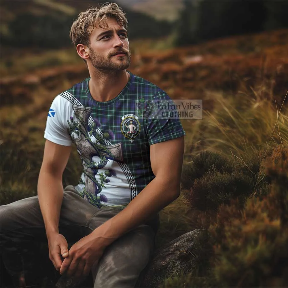 Allardice Tartan T-Shirt with Family Crest and St. Andrew's Cross Accented by Thistle Vines