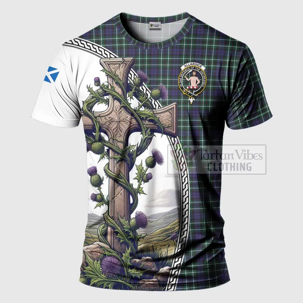 Allardice Tartan T-Shirt with Family Crest and St. Andrew's Cross Accented by Thistle Vines