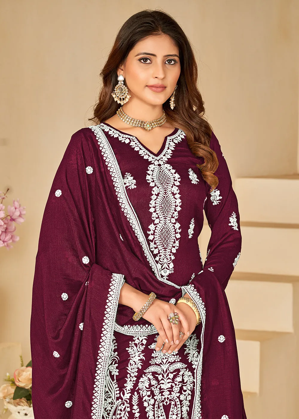 Art Silk Pretty Wine Embroidered Palazzo Style Suit