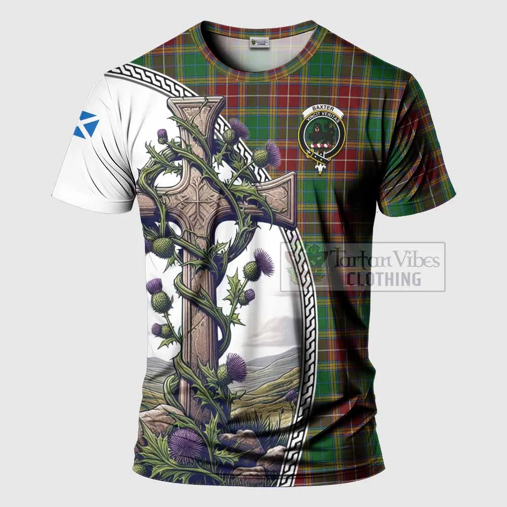 Baxter Tartan T-Shirt with Family Crest and St. Andrew's Cross Accented by Thistle Vines