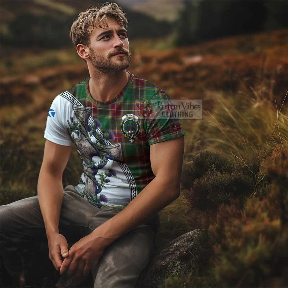 Baxter Tartan T-Shirt with Family Crest and St. Andrew's Cross Accented by Thistle Vines