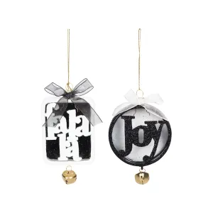 Black & White Fa La La & Joy Ornament, Asst. of 2