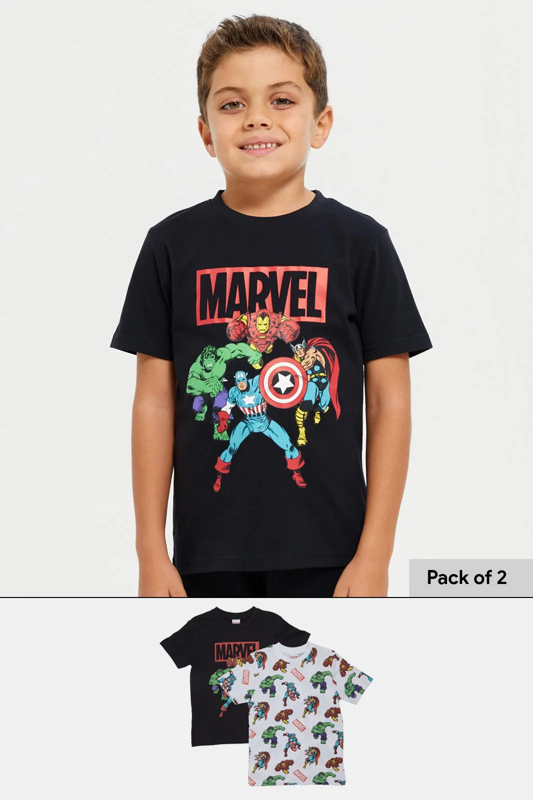 Boys Black And White Marvel T-Shirt Set (Pack Of 2)