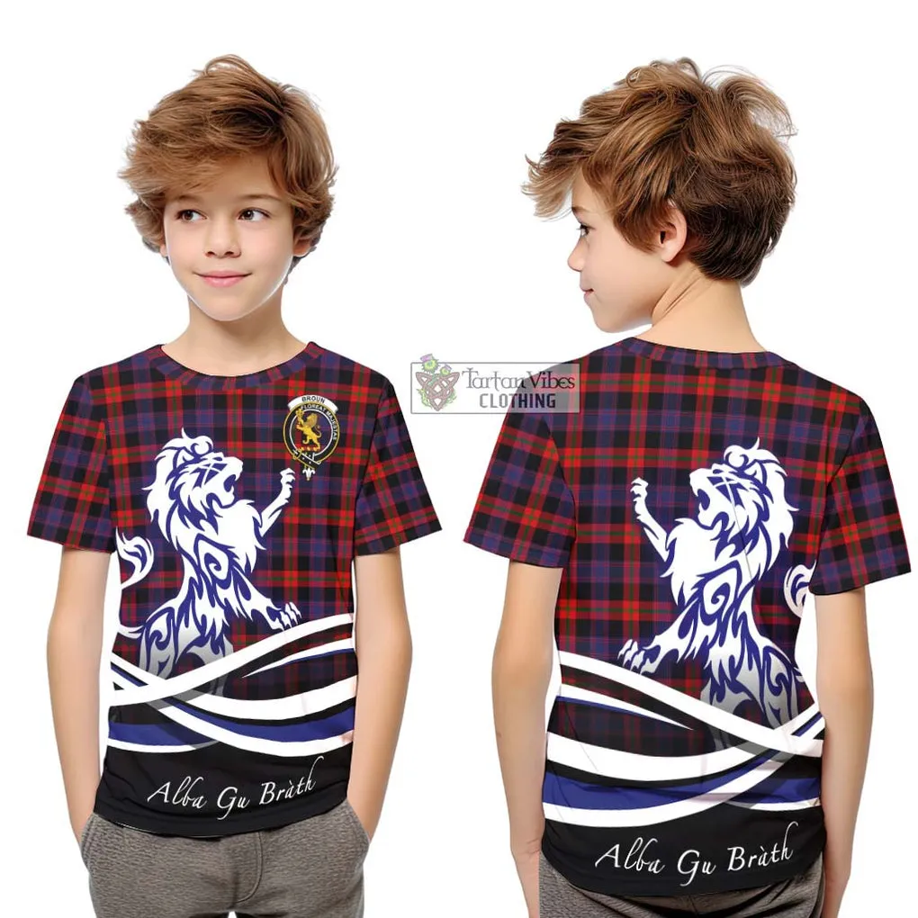 Broun Modern Tartan Kid T-Shirt with Alba Gu Brath Regal Lion Emblem