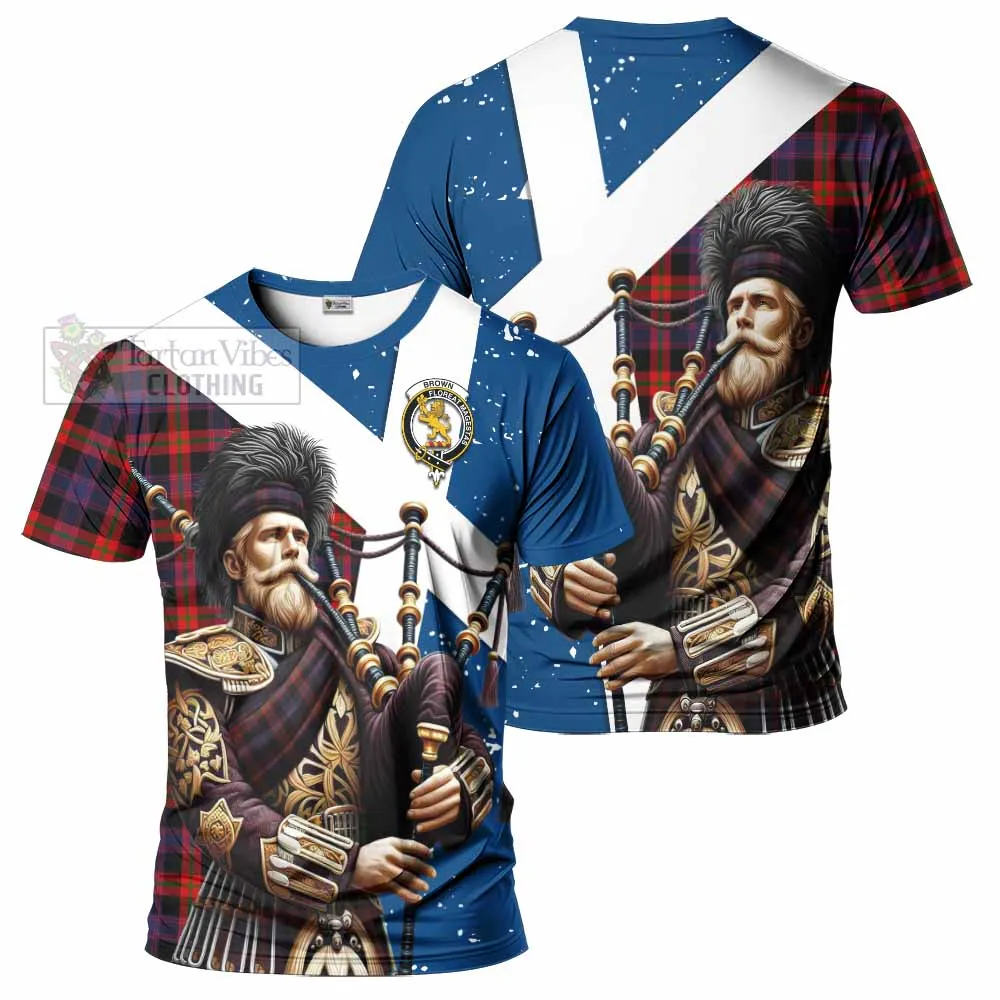 Brown (Broun) Tartan T-Shirt with Family Crest Scottish Bagpiper Vibes