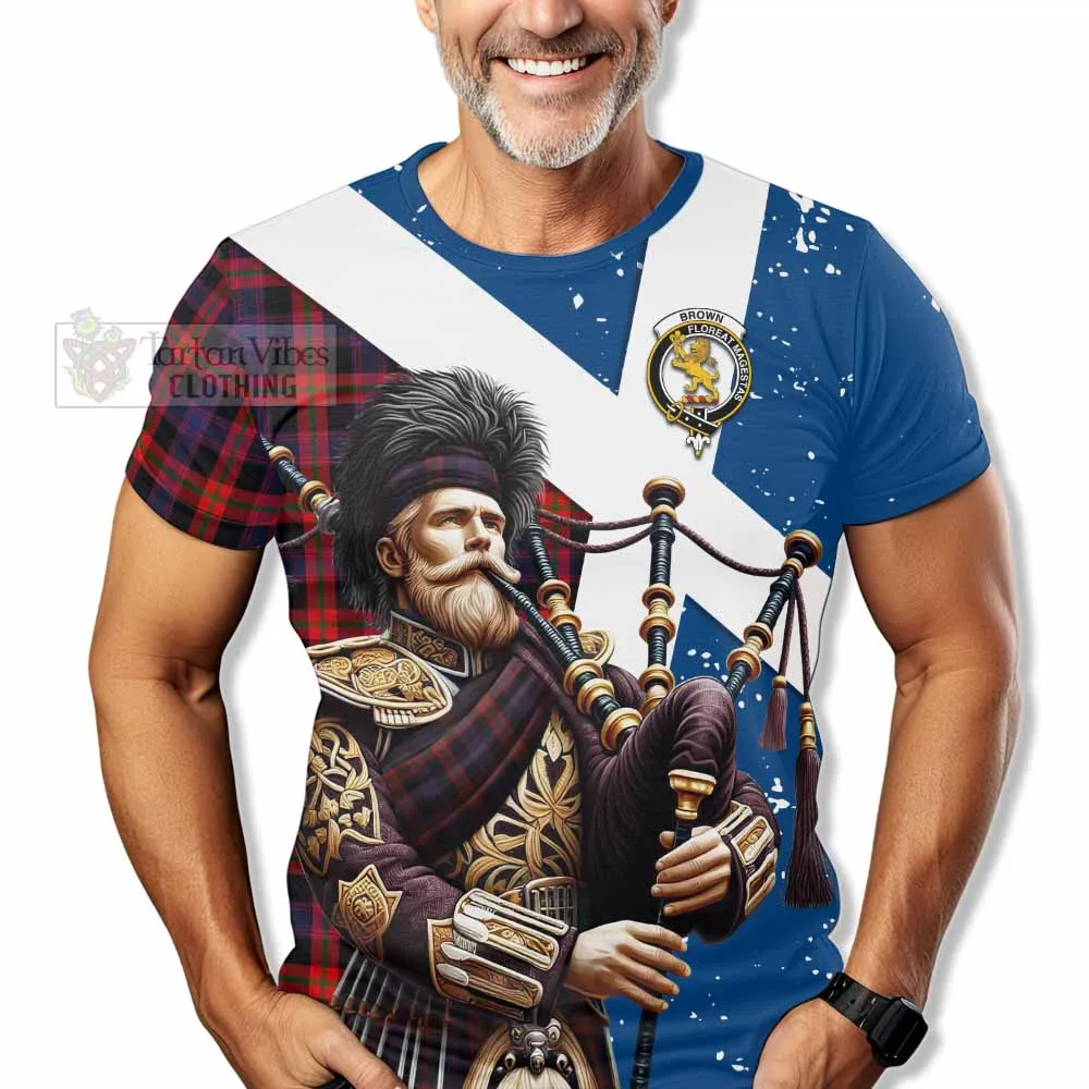 Brown (Broun) Tartan T-Shirt with Family Crest Scottish Bagpiper Vibes