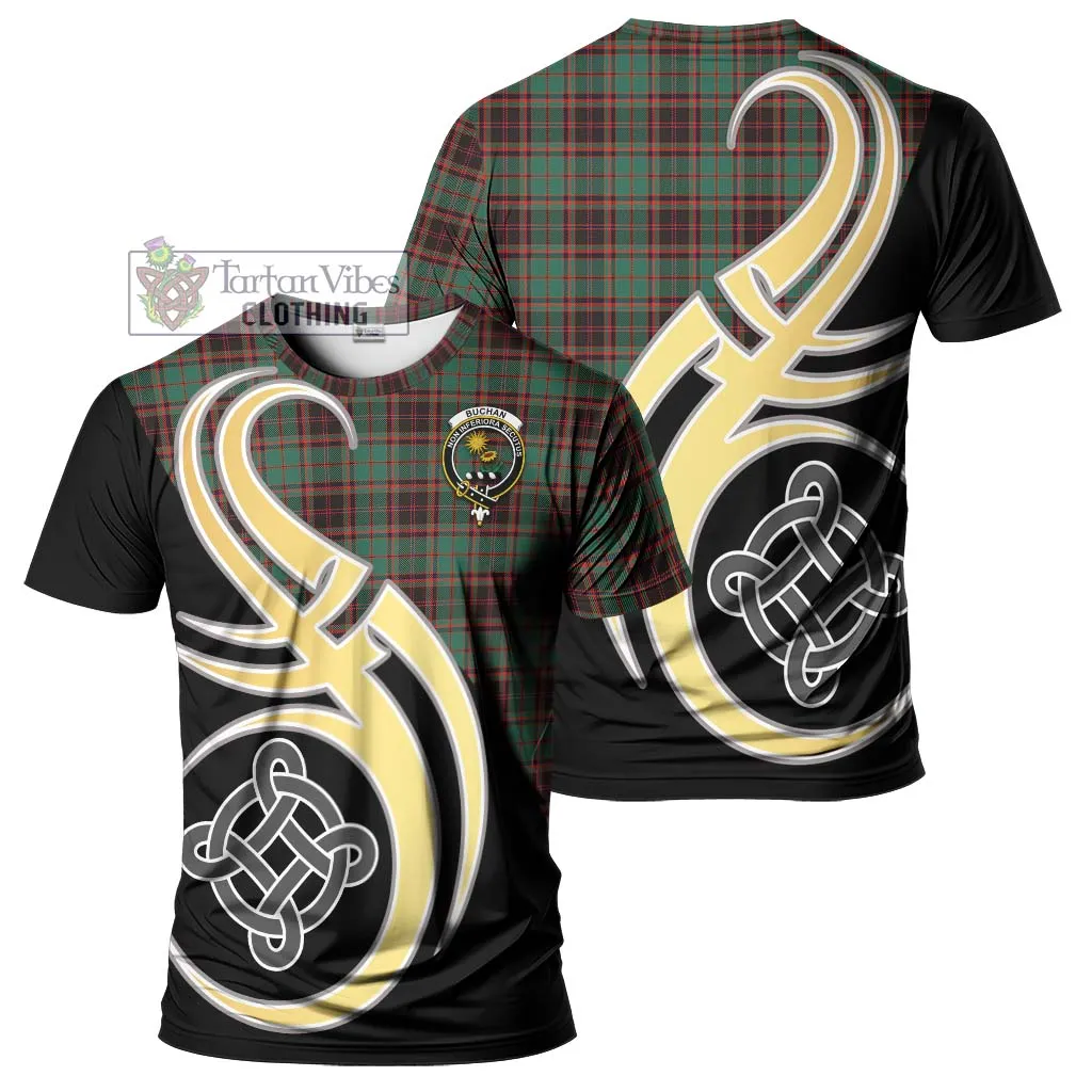 Buchan Ancient Tartan T-Shirt with Family Crest and Celtic Symbol Style