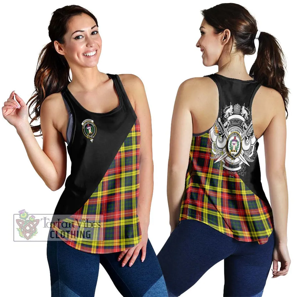 Buchanan Modern Tartan Women's Racerback Tanks with Family Crest and Military Logo Style