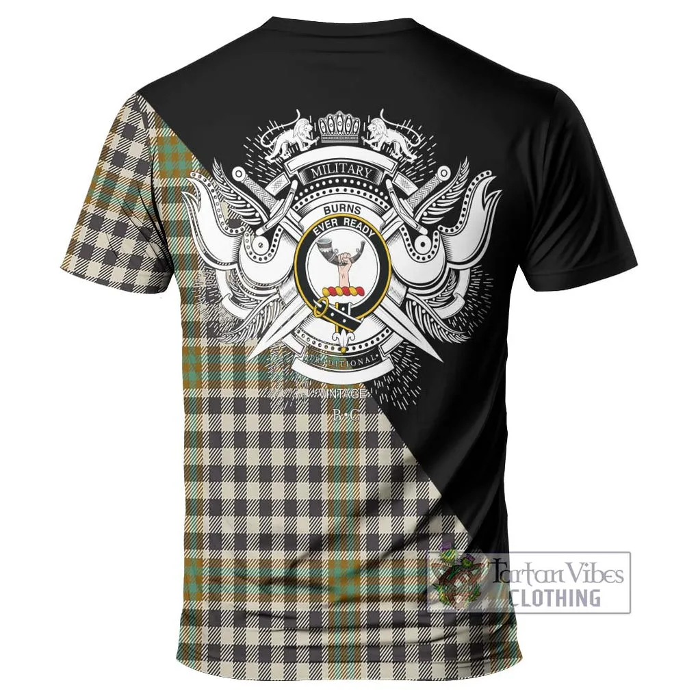 Burns Check Tartan T-Shirt with Family Crest and Military Logo Style