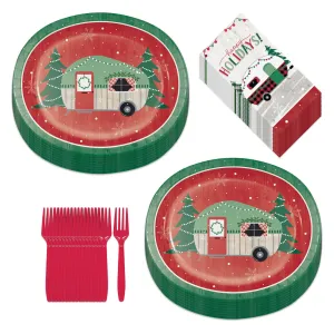 Christmas Camper Holiday Van Large Oval Paper Dinner Plates, Guest Napkins, and Forks (Serves 16)