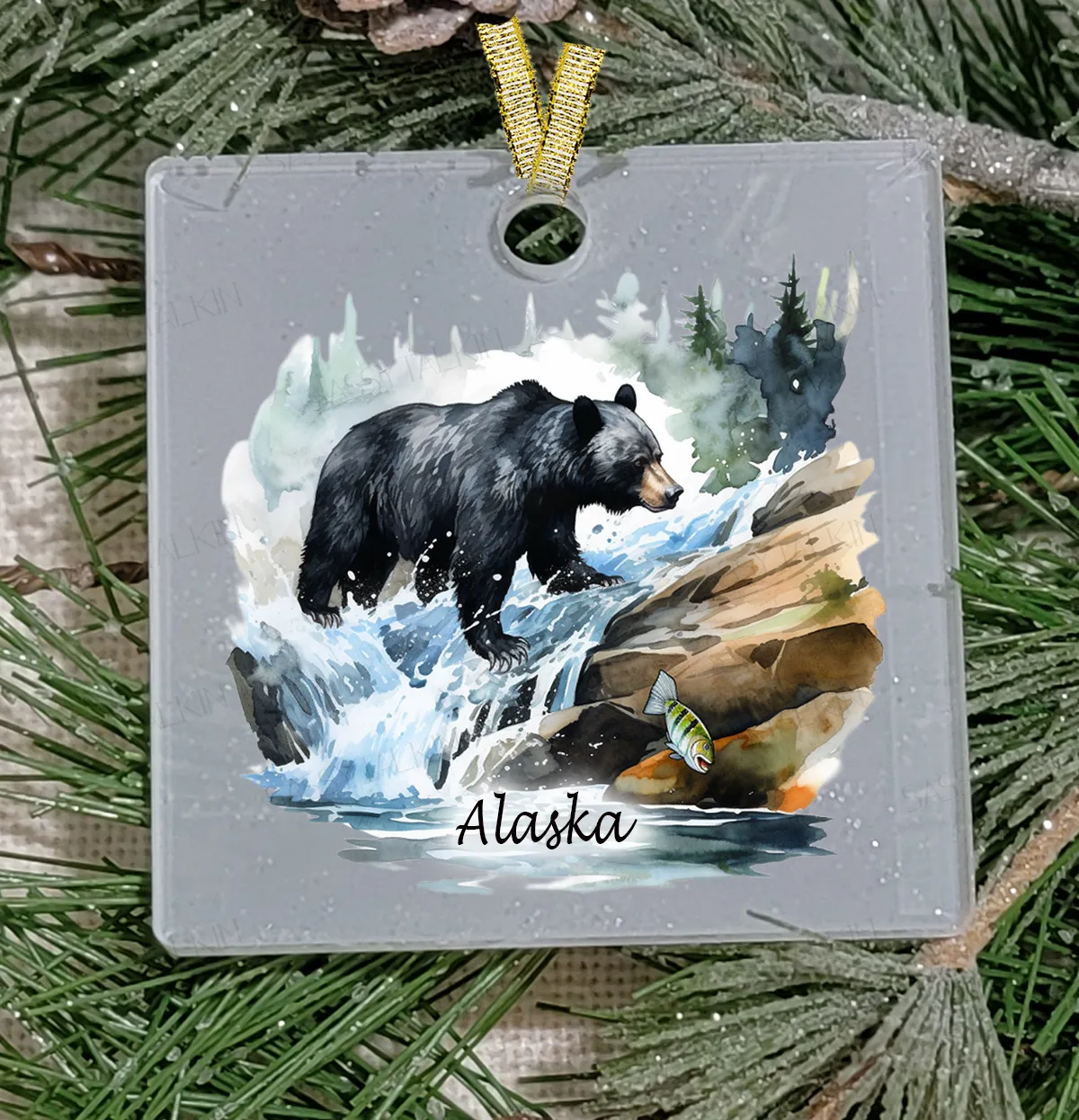 Christmas Ornament, Black Bear fish, Frosted Acrylic, Square, name drop available