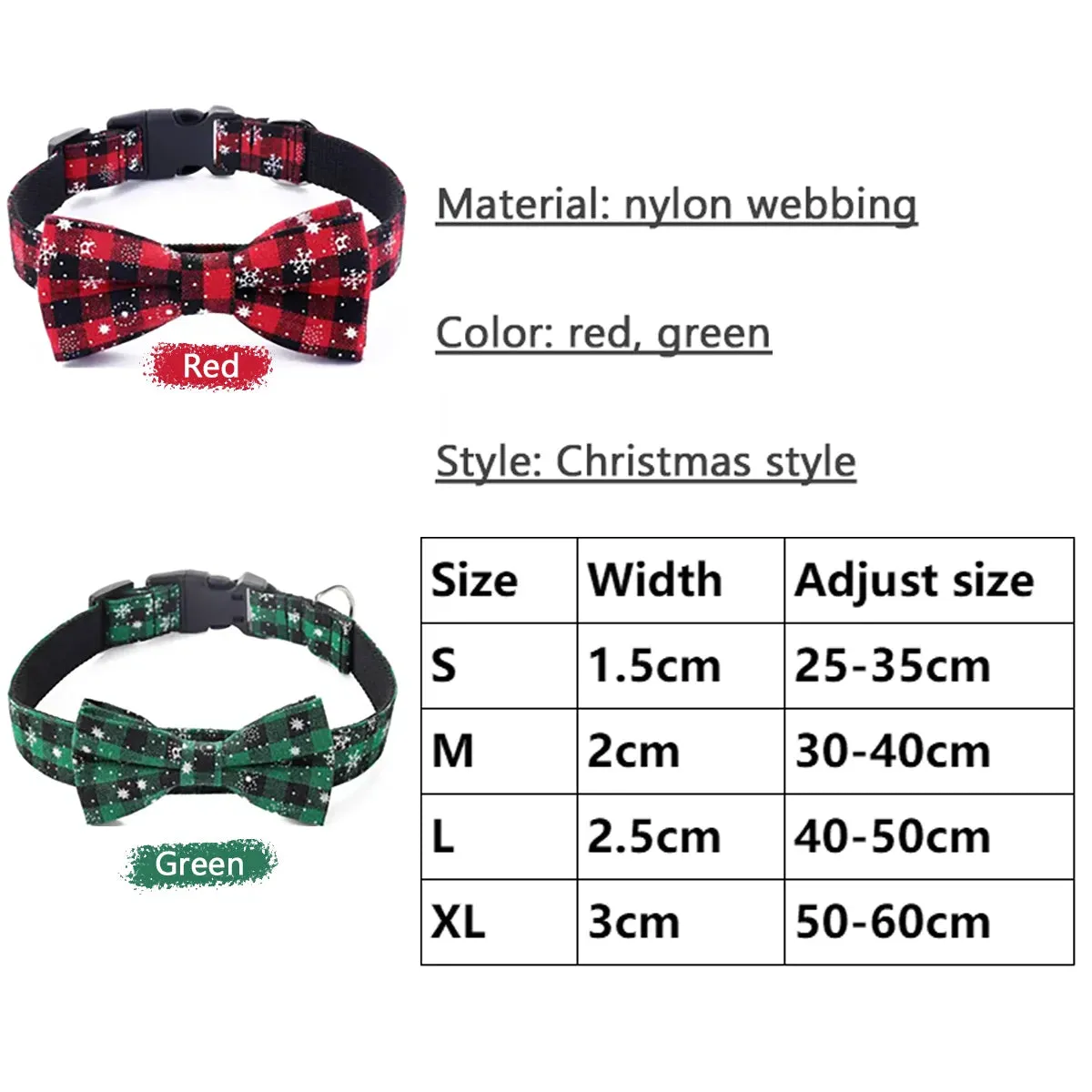 Christmas Plaid Dog Collar with Bow Tie – Adjustable Snowflake Design for Small & Large Dogs, Cats, Pets