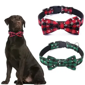 Christmas Plaid Dog Collar with Bow Tie – Adjustable Snowflake Design for Small & Large Dogs, Cats, Pets