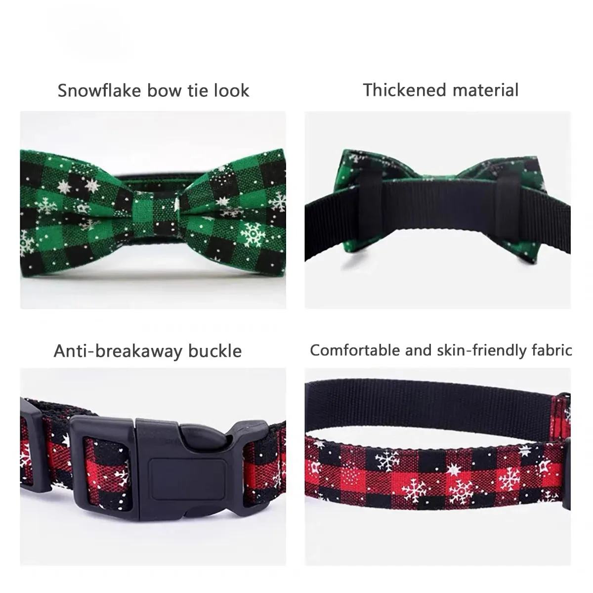 Christmas Plaid Dog Collar with Bow Tie – Adjustable Snowflake Design for Small & Large Dogs, Cats, Pets