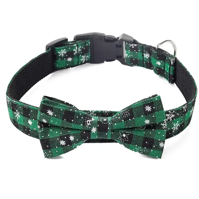 Christmas Plaid Dog Collar with Bow Tie – Adjustable Snowflake Design for Small & Large Dogs, Cats, Pets