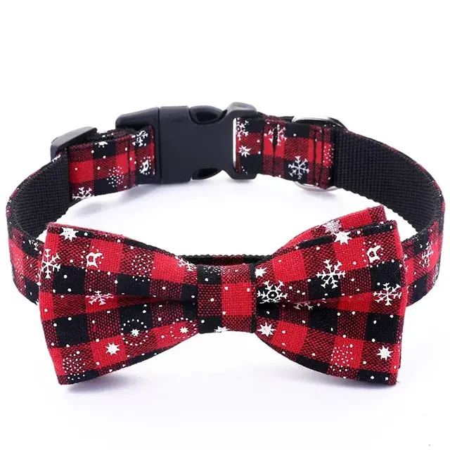 Christmas Plaid Dog Collar with Bow Tie – Adjustable Snowflake Design for Small & Large Dogs, Cats, Pets