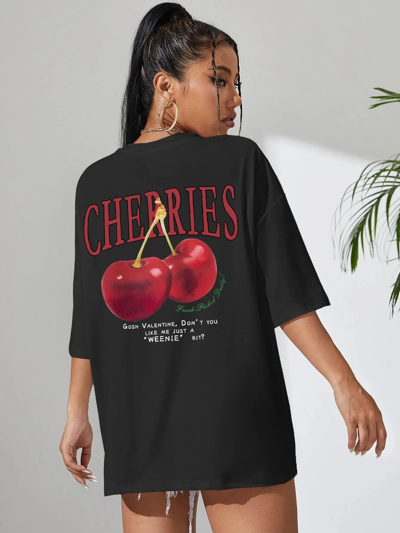 Cotton Women T-shirt Red Cherries Printed Tees Summer