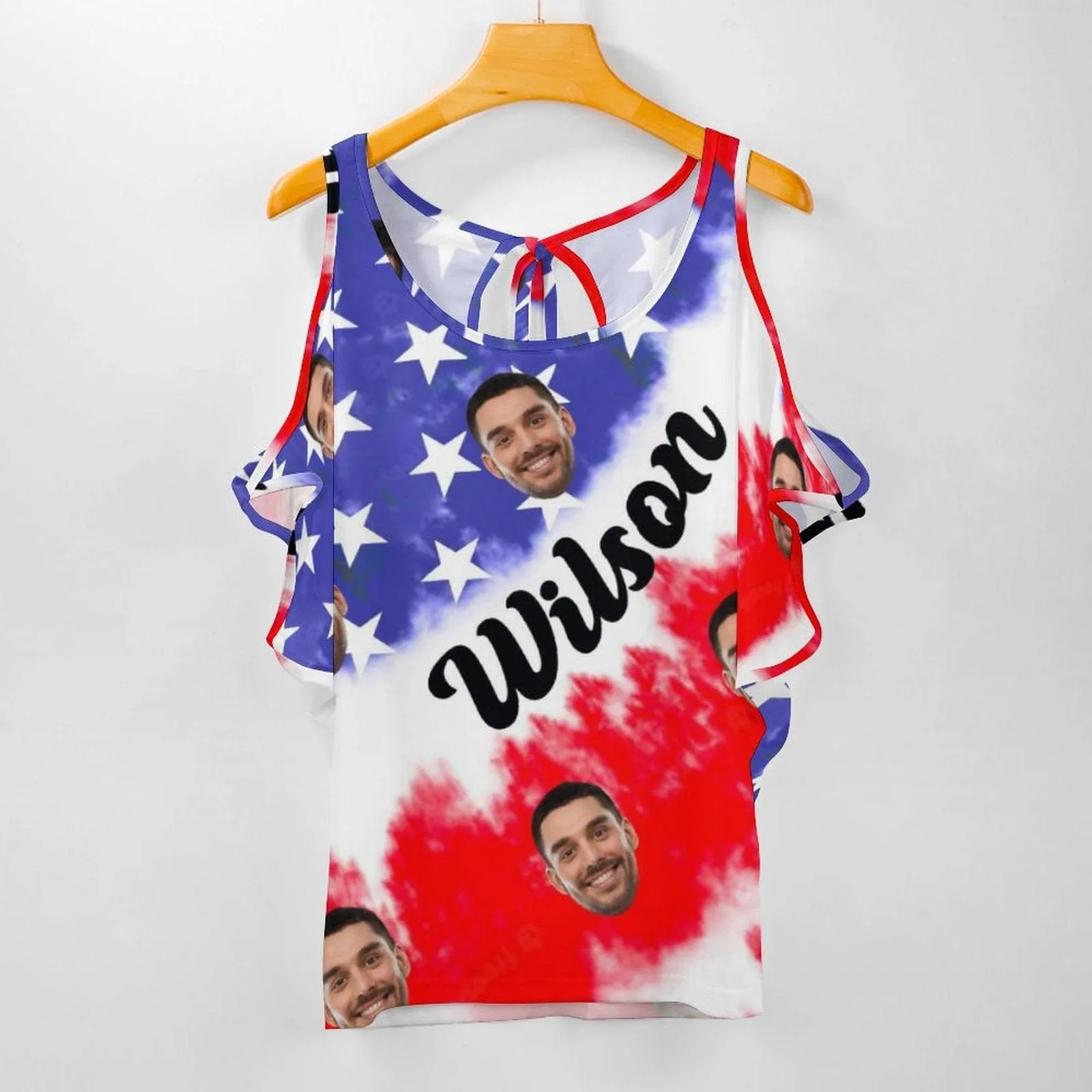 Custom Name&Face American Flag Tank Tops with Photo Women's Tie Neck Cold Shoulder Top