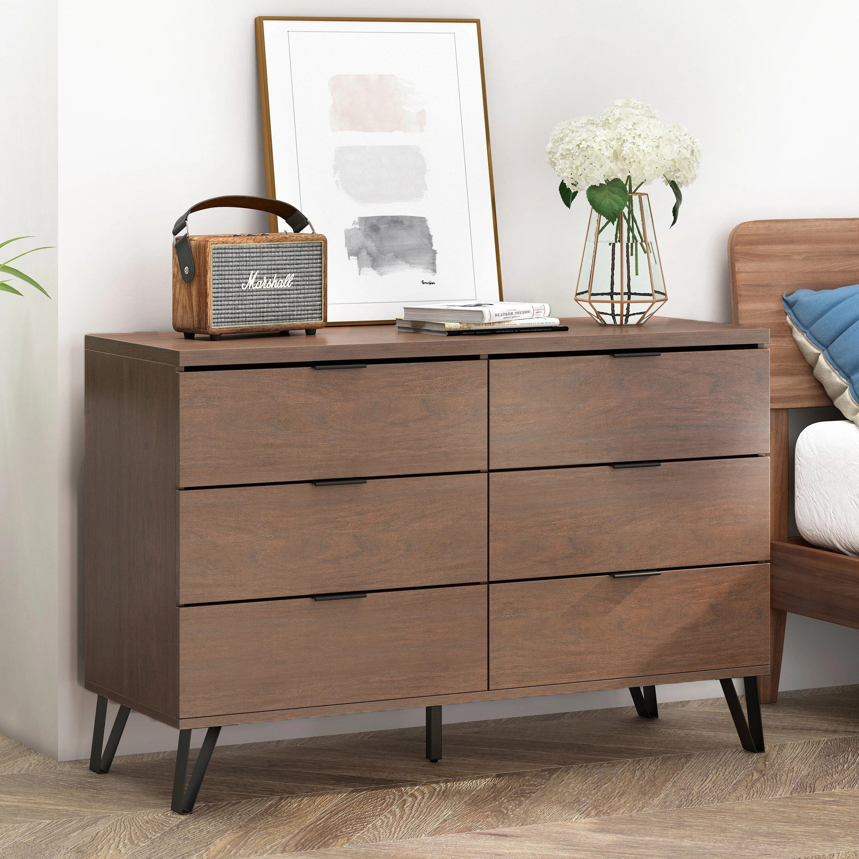 Demijen Modern Industrial 6 Drawer Double Dresser, Walnut and Matte Black