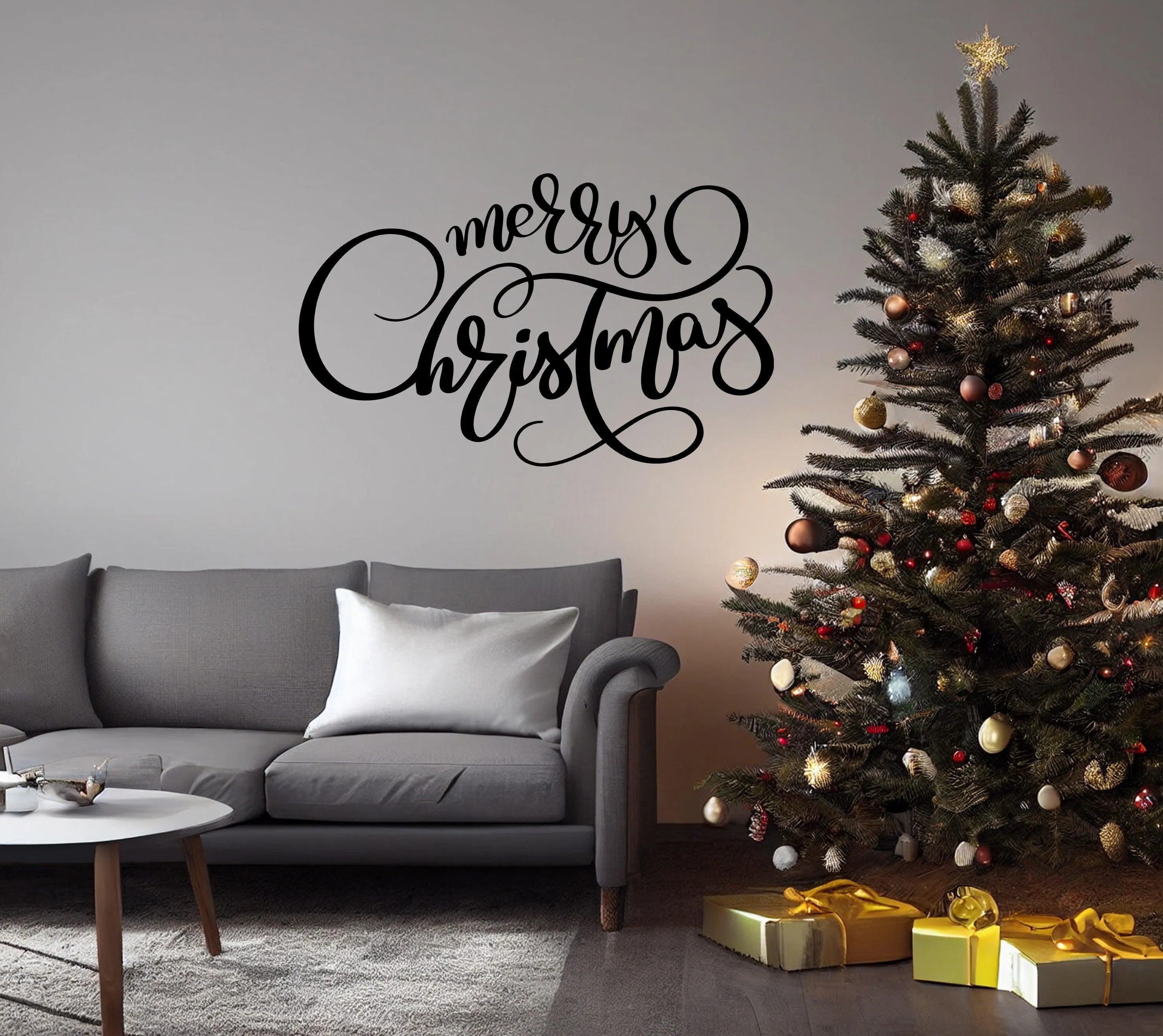 Elegant Christmas Quote Wall Vinyl Sticker - "Merry Christmas" Family Decal Sign - Beautiful Cursive Text Living Room Decor Holiday Sayings