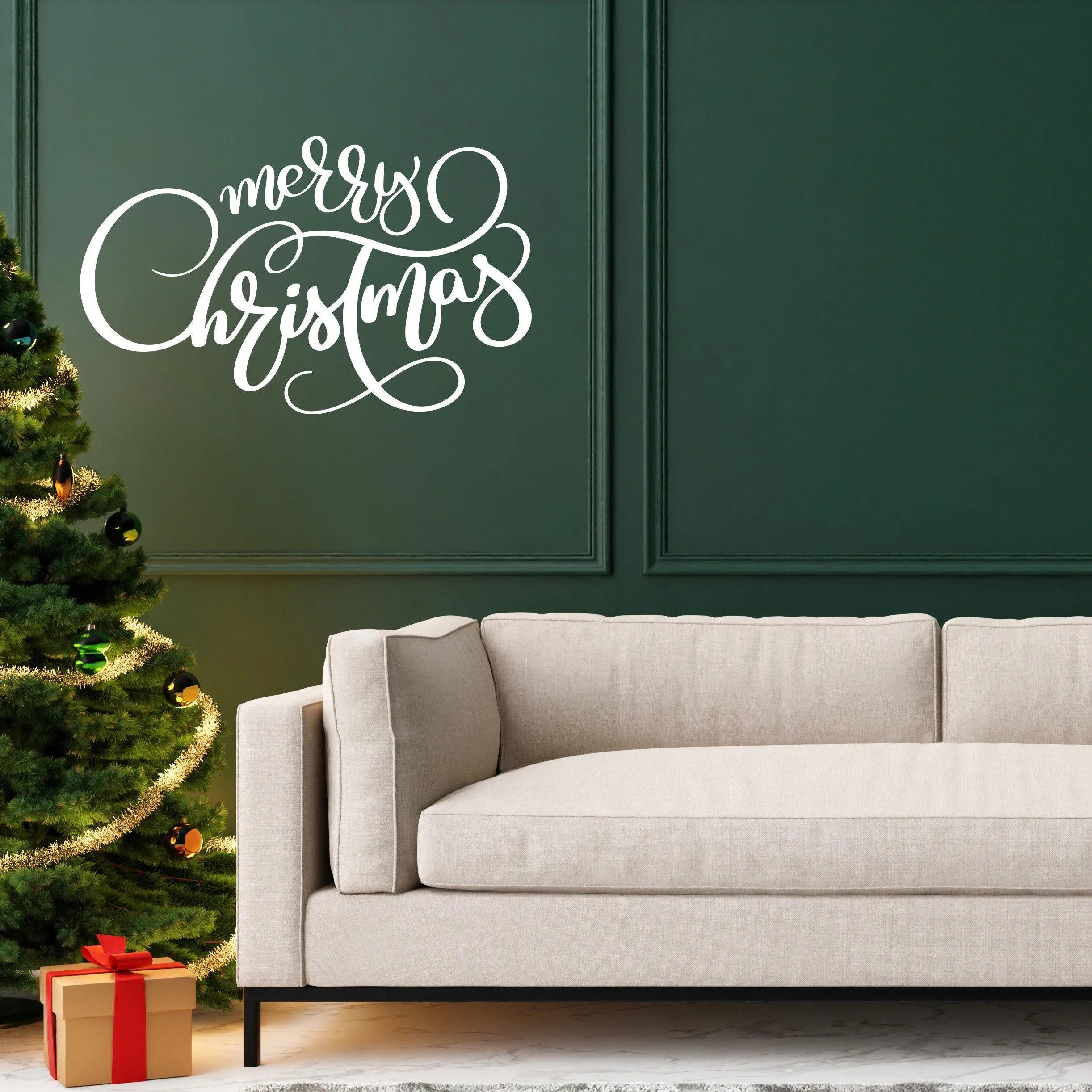 Elegant Christmas Quote Wall Vinyl Sticker - "Merry Christmas" Family Decal Sign - Beautiful Cursive Text Living Room Decor Holiday Sayings