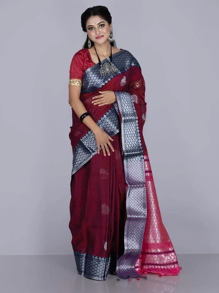 Elegant Maroon Par Anchal Buti Blend Cotton Handloom Saree