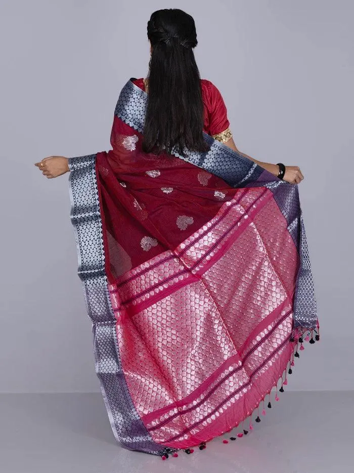 Elegant Maroon Par Anchal Buti Blend Cotton Handloom Saree