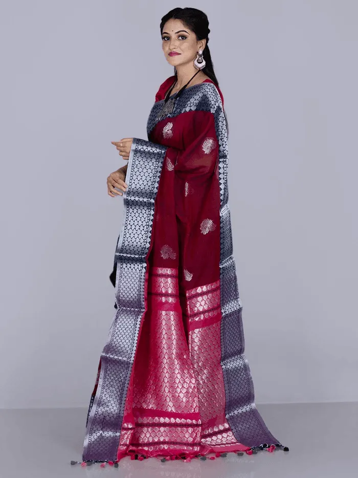 Elegant Maroon Par Anchal Buti Blend Cotton Handloom Saree