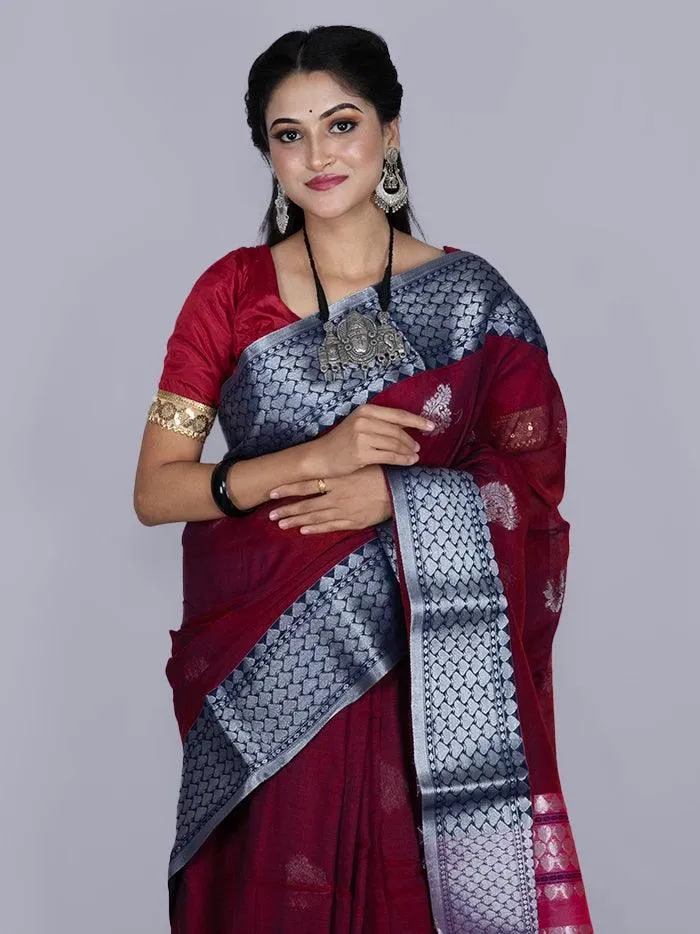 Elegant Maroon Par Anchal Buti Blend Cotton Handloom Saree