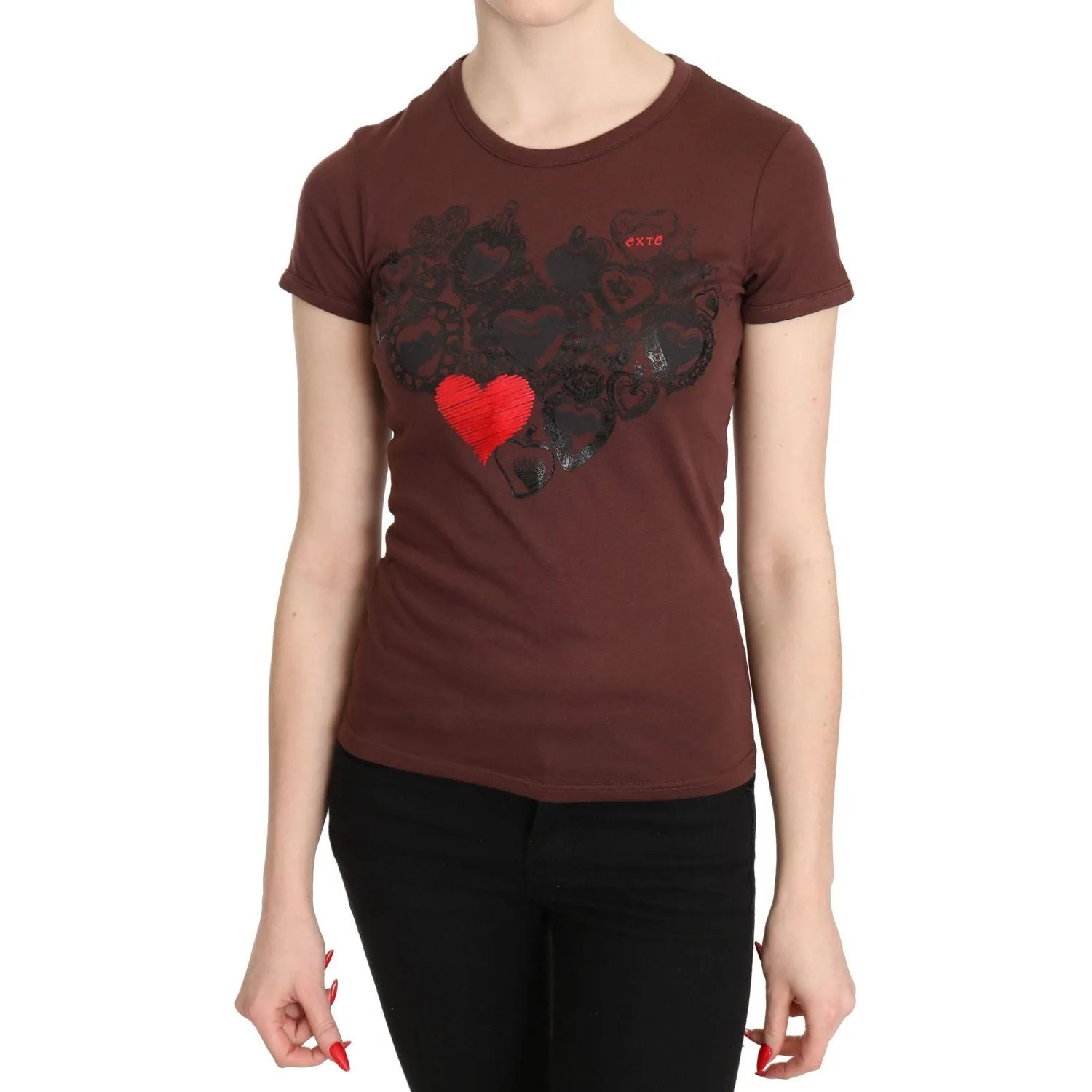 Exte Chic Brown Hearts Printed Short Sleeve Top