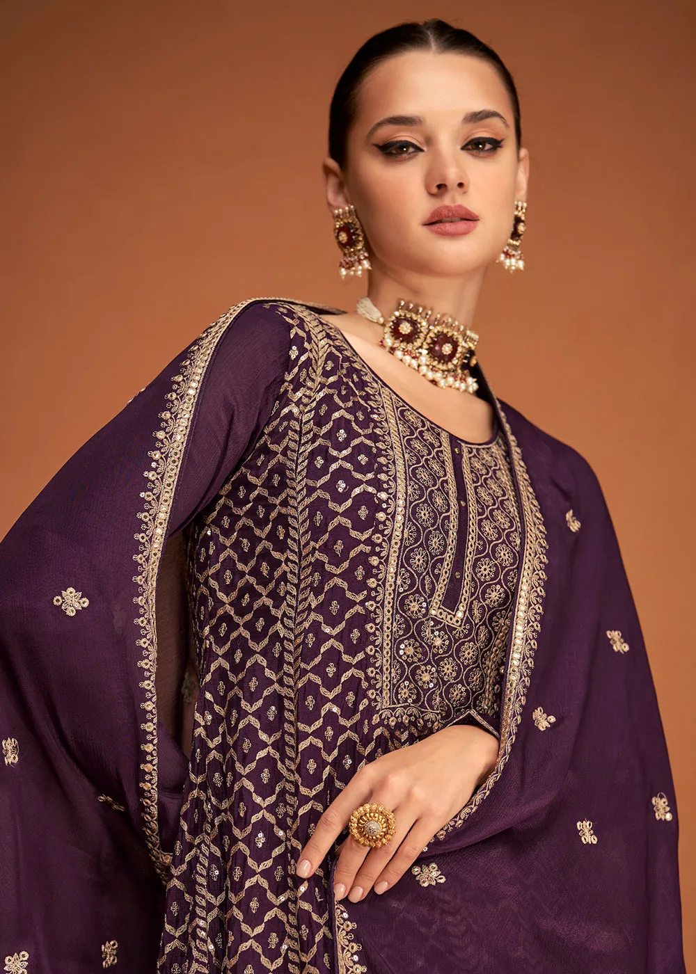 Festive Party Charming Wine Embroidered Chinon Silk Sharara Suit