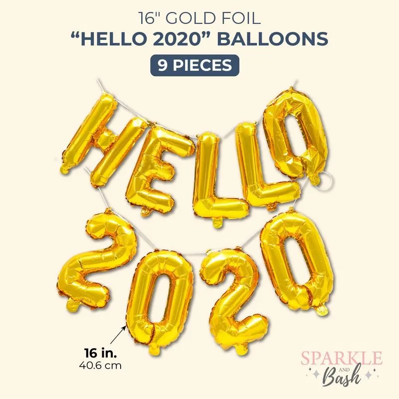 Hello 2020 Balloons for New Years Eve Party (Gold Foil, 9 Pack)