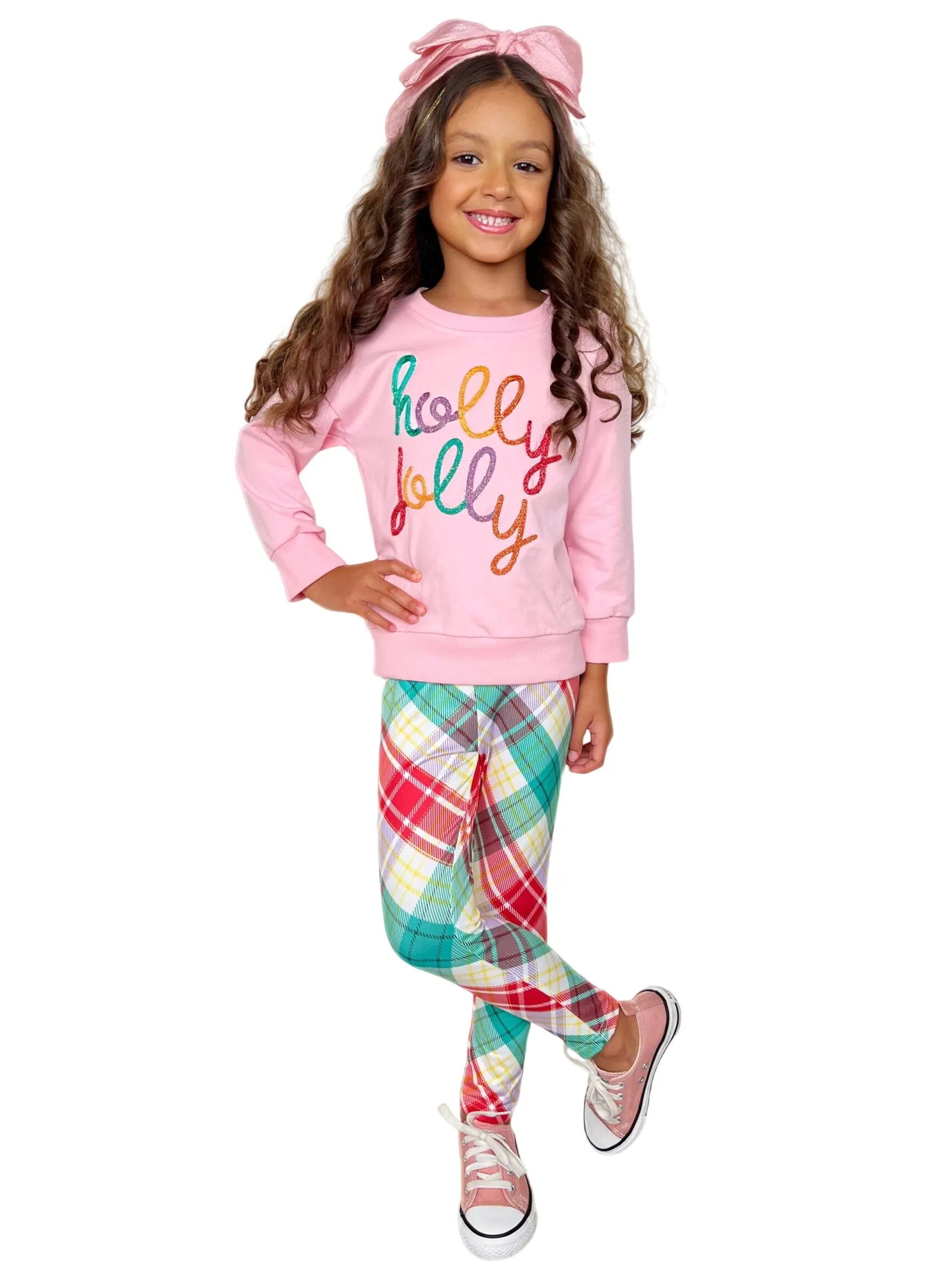 Holly Jolly Pink Top And Christmas Plaid Legging Set