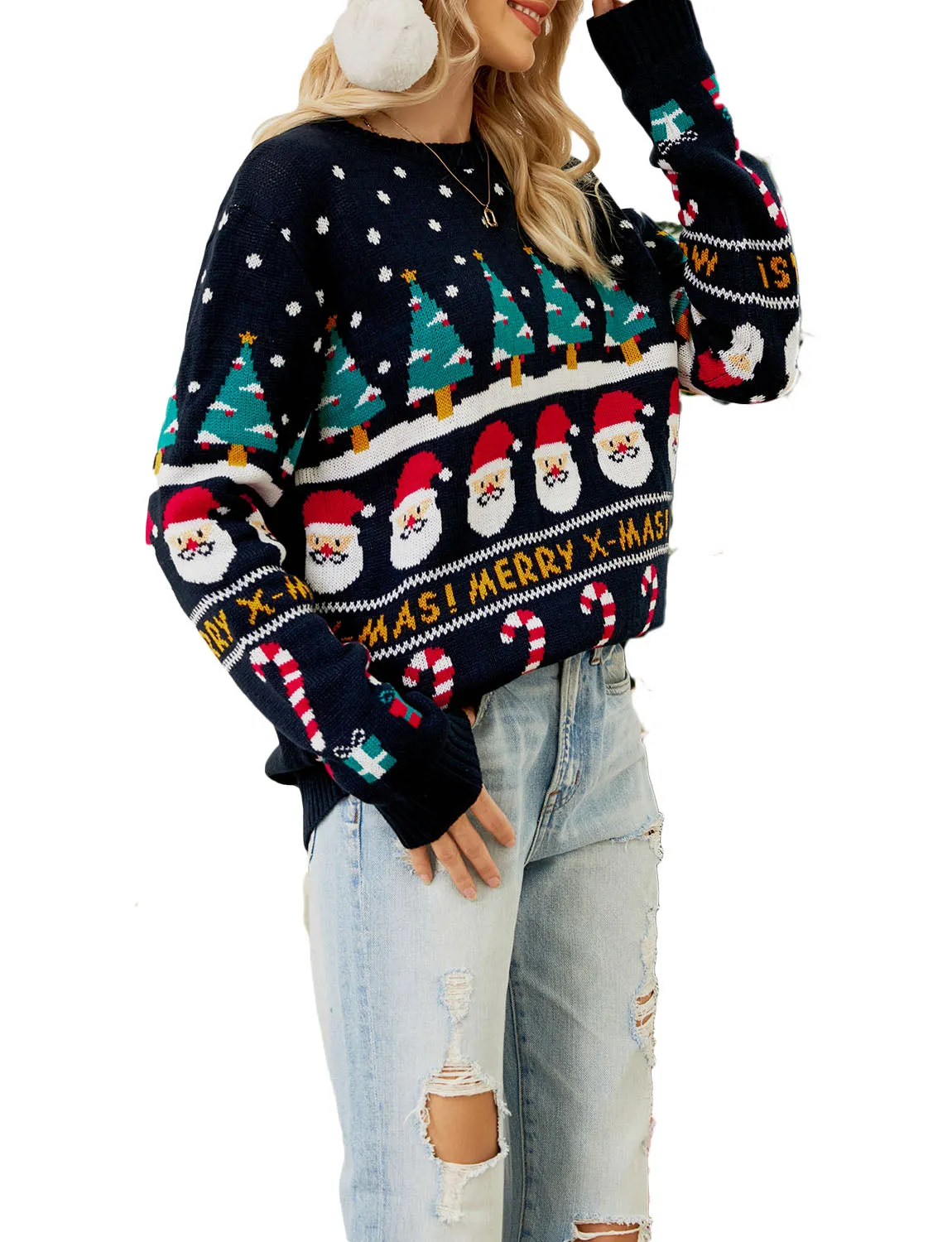 iB-iP Women's Cozy Christmas Top Santa Claus Long Sleeve Pullover Sweater