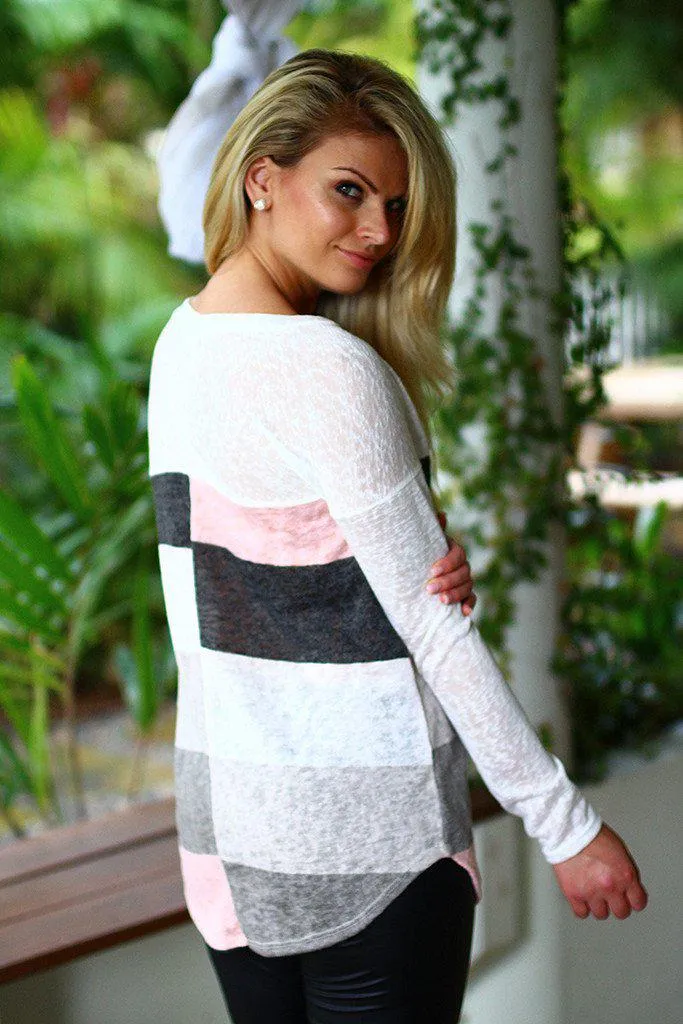 Ivory and Pink Long Sleeve Top With Crochet Pocket