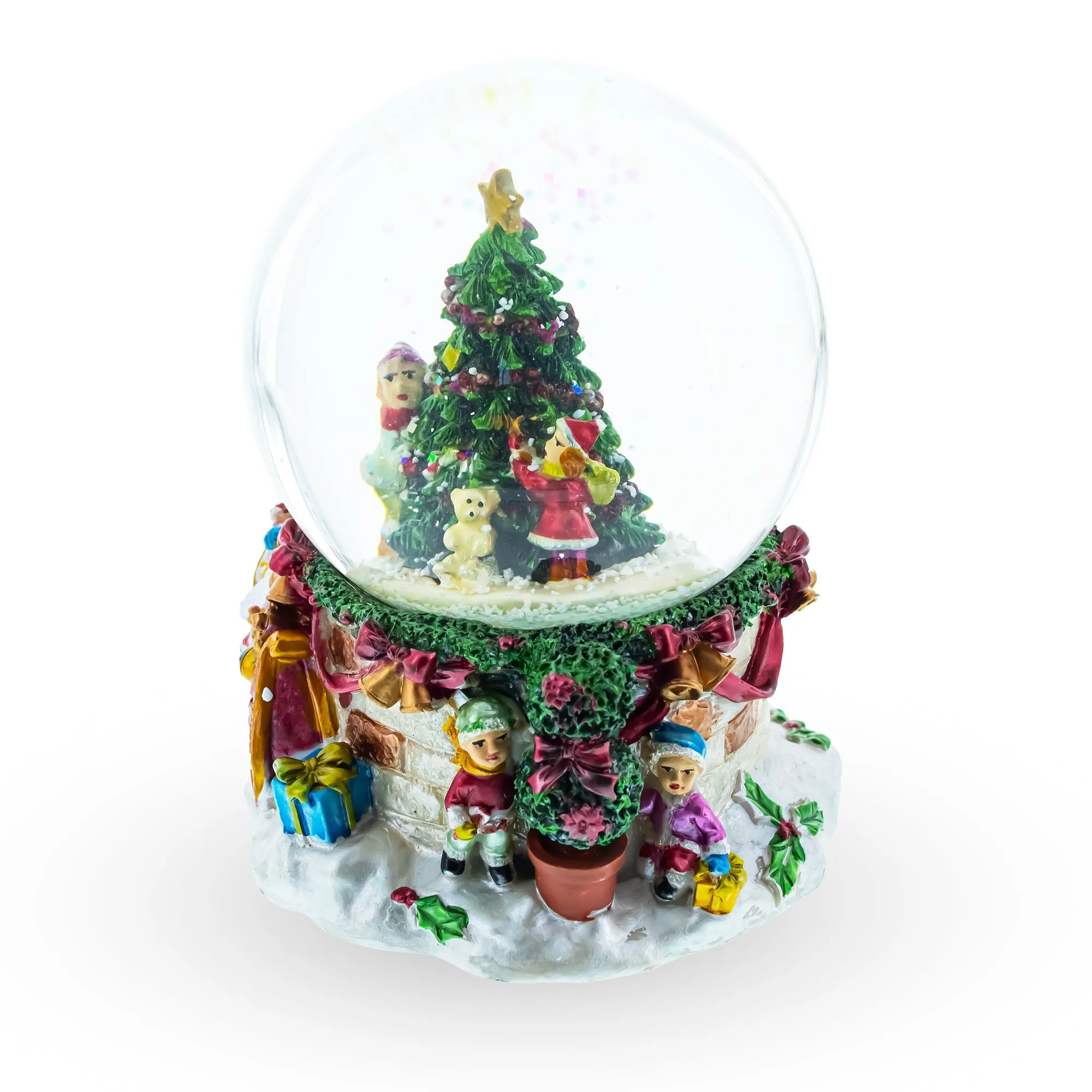 Joyful Children Adorning Christmas Tree: Musical Water Snow Globe