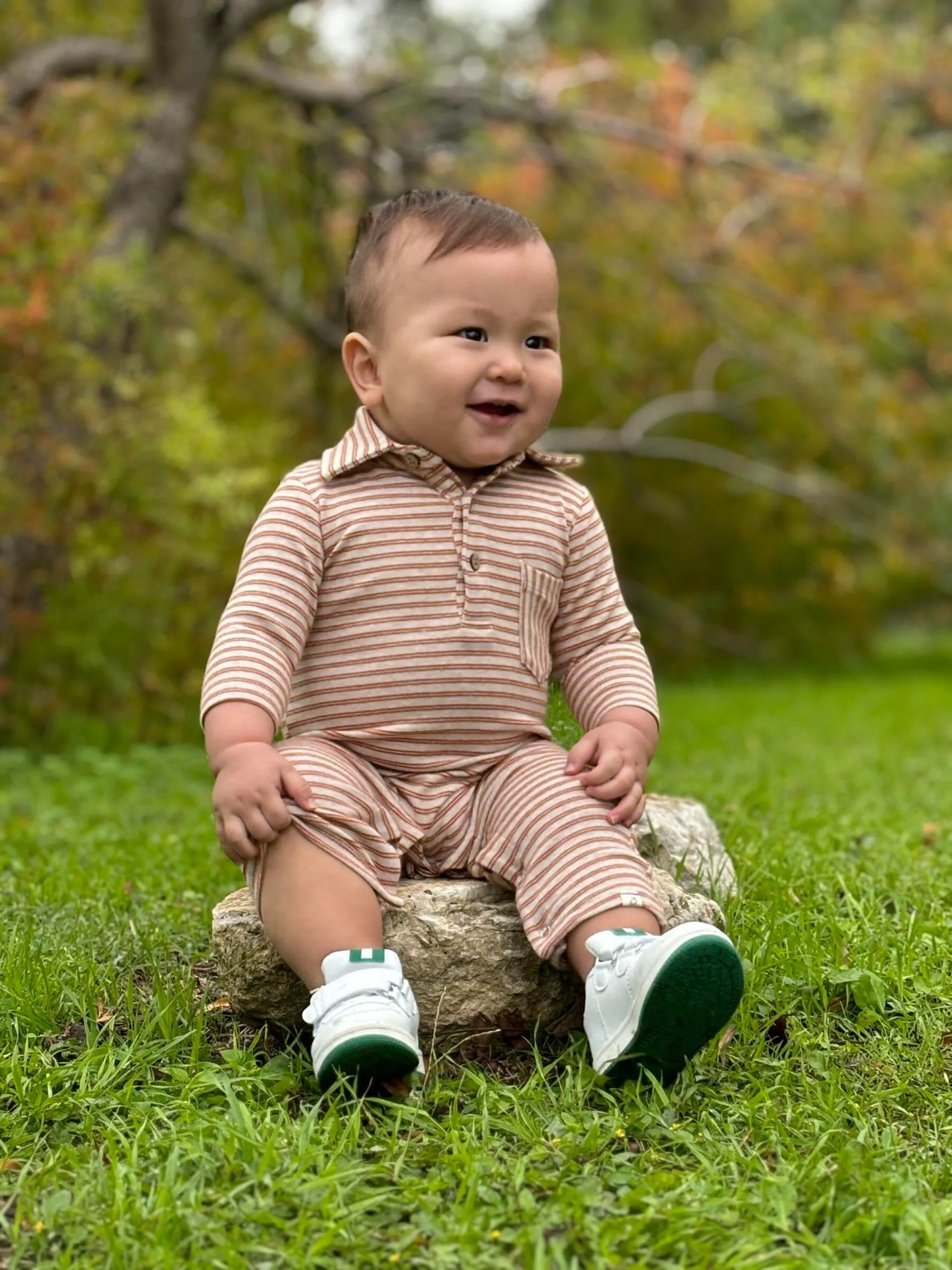 Kingston Polo Romper, Pumpkin/Beige