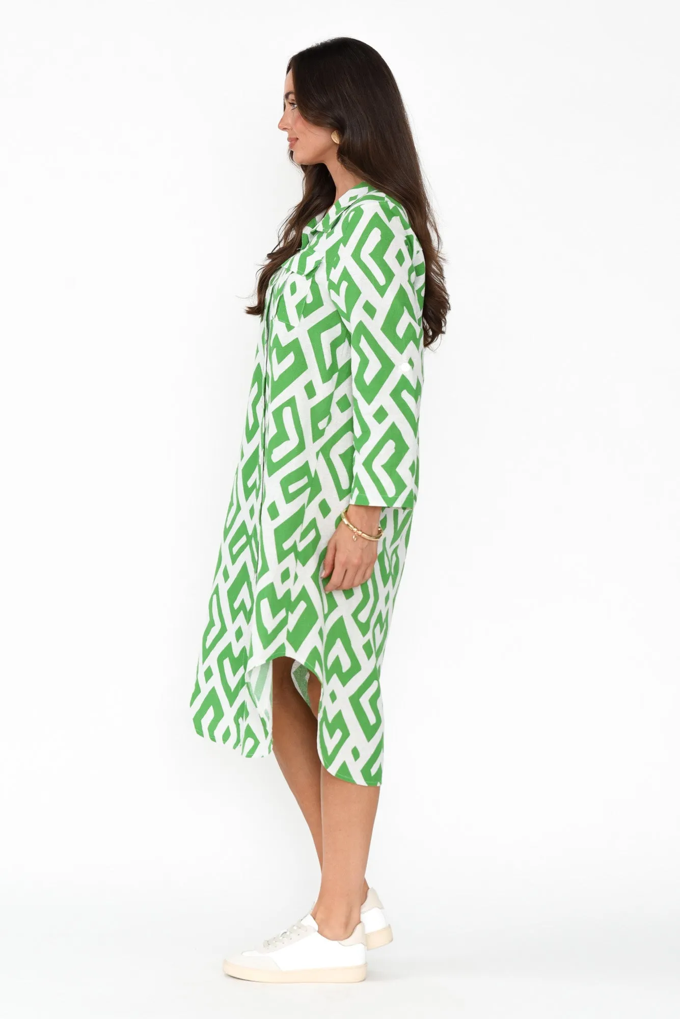 Kisley Green Geo Cotton Linen Dress