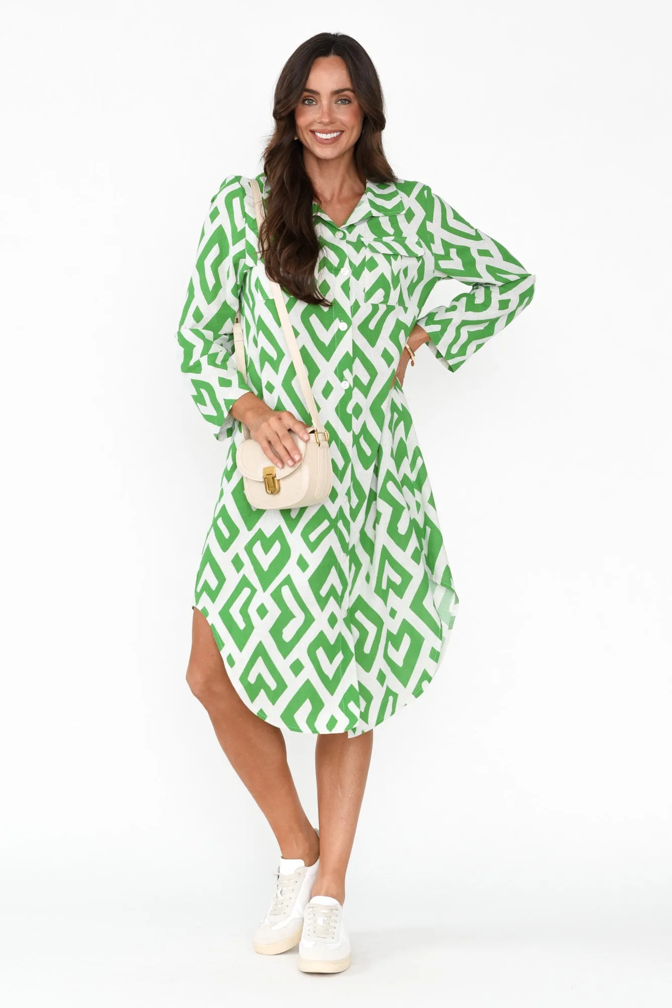 Kisley Green Geo Cotton Linen Dress