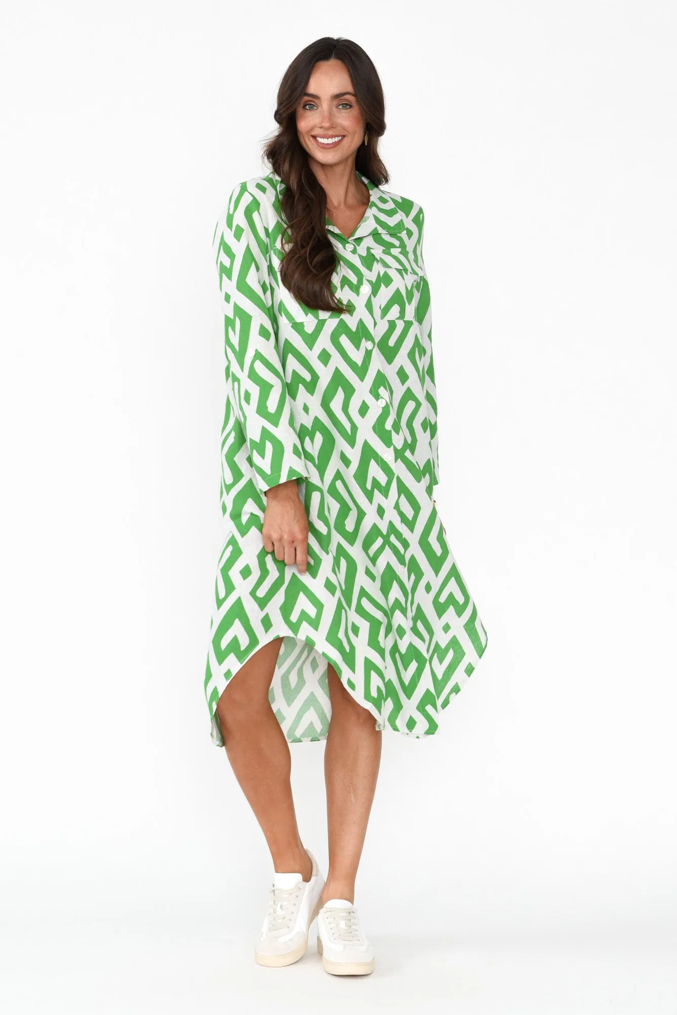 Kisley Green Geo Cotton Linen Dress