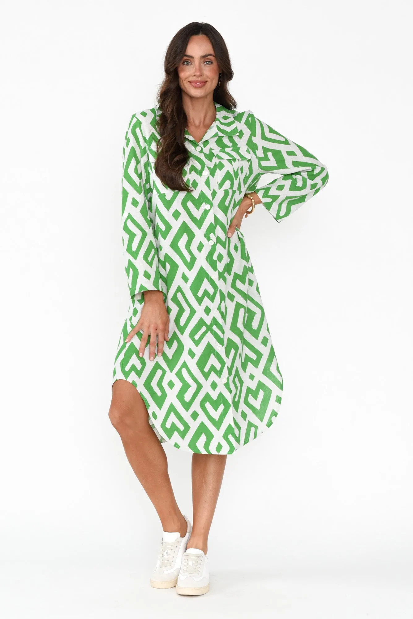 Kisley Green Geo Cotton Linen Dress