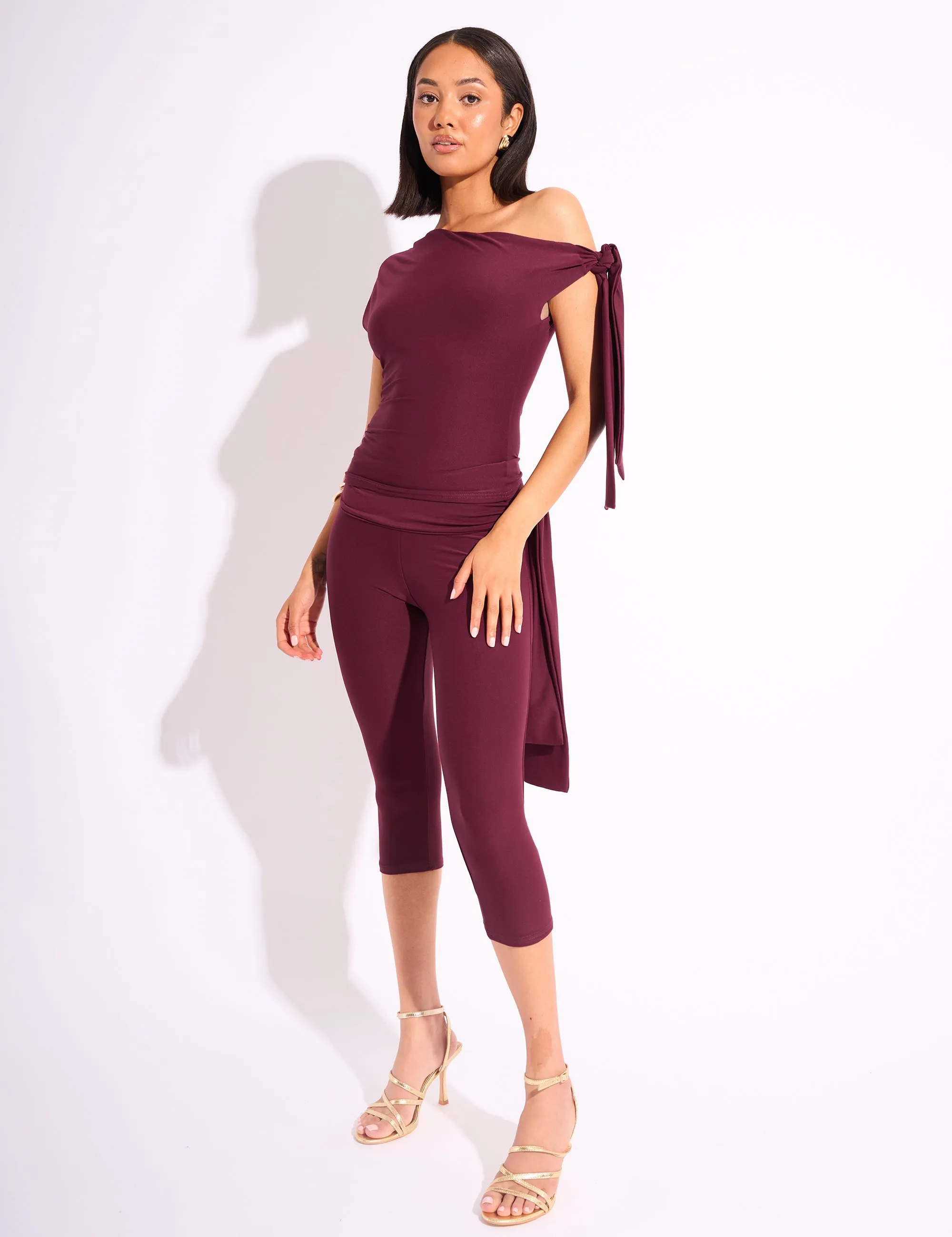 Knot Detail Asymmetric One Shoulder Luxe Slinky Top Burgundy