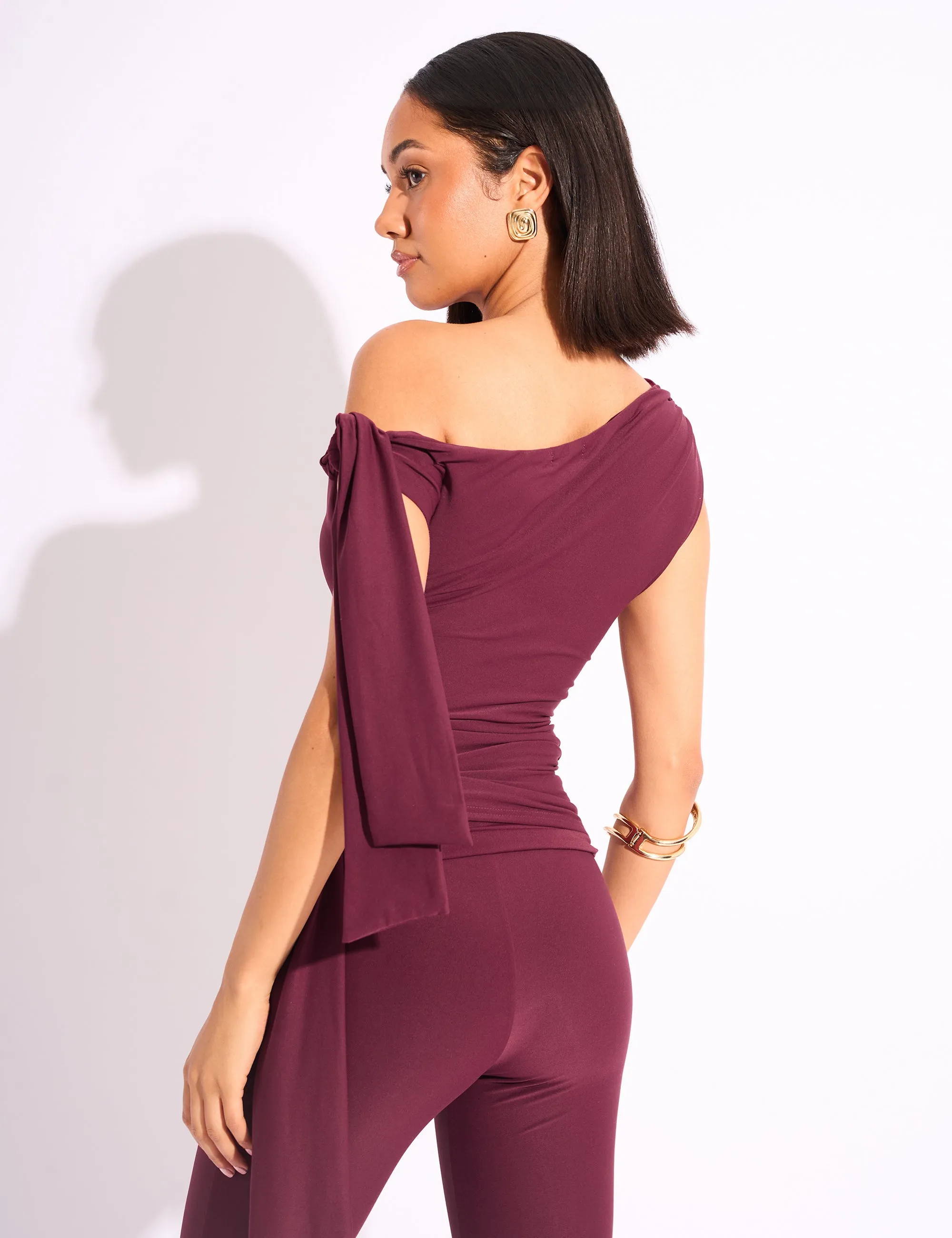 Knot Detail Asymmetric One Shoulder Luxe Slinky Top Burgundy