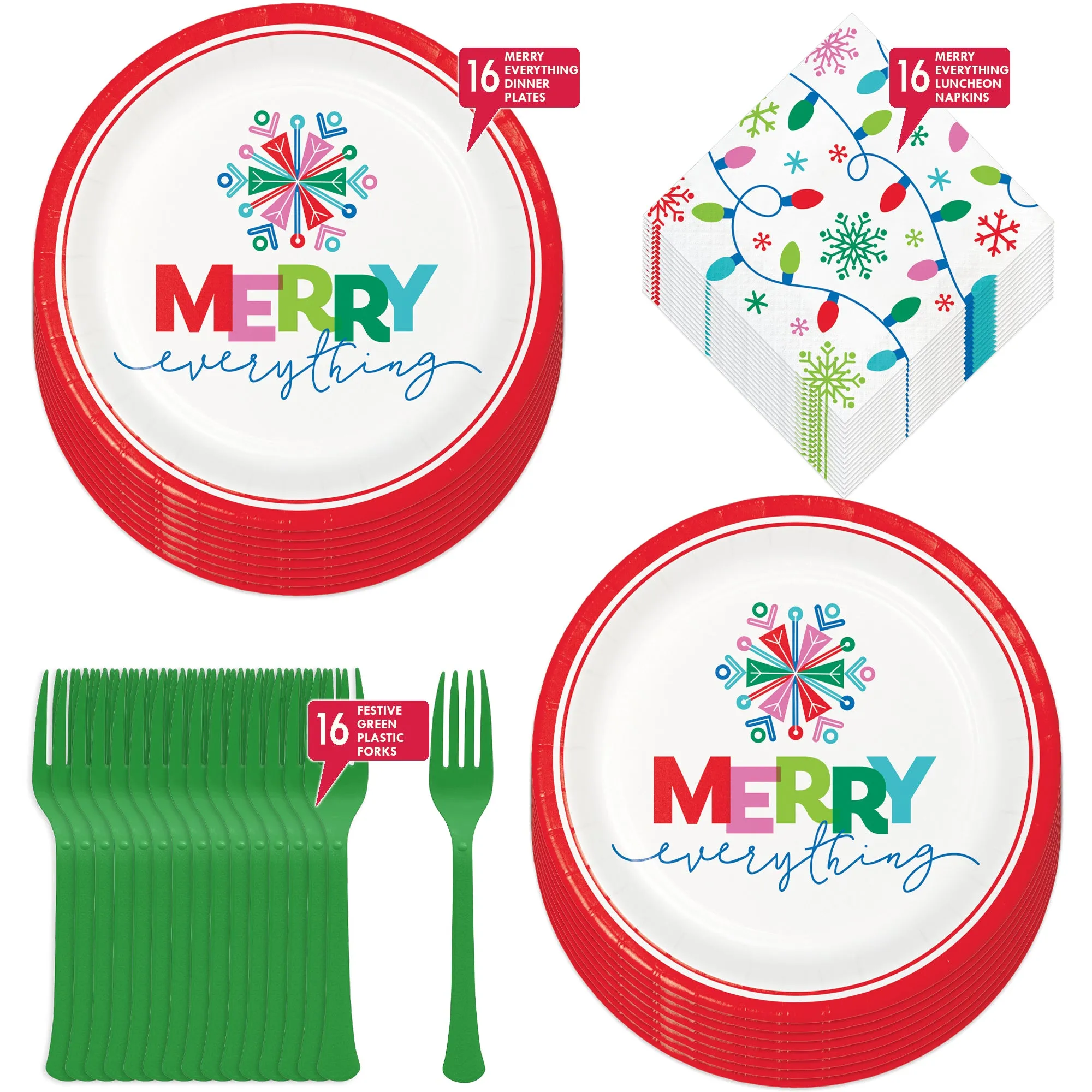 Merry Everything Paper Dinner Plates, String Lights Lunch Napkins, and Forks (Serves 16)