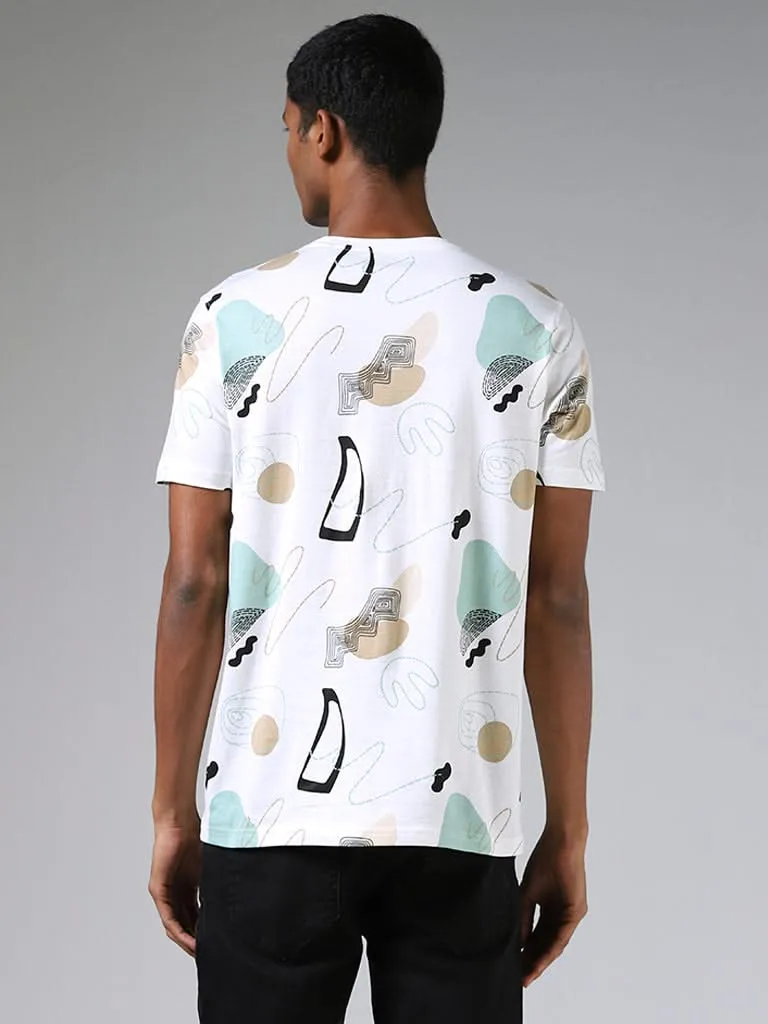 Nuon Abstract Printed White Cotton T-Shirt