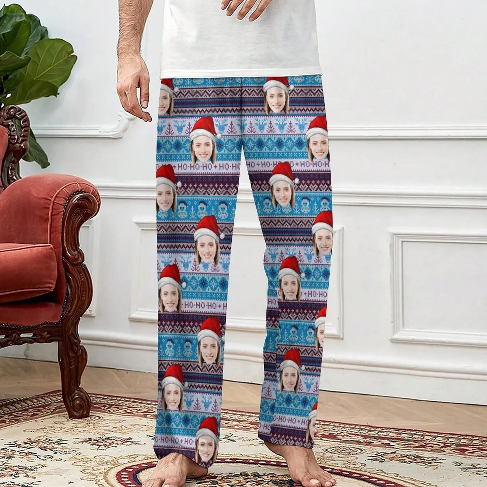 Personalized Long Pajama Pants Unisex Lacing Custom Face Christmas Hat Sleepwear Slumber Party