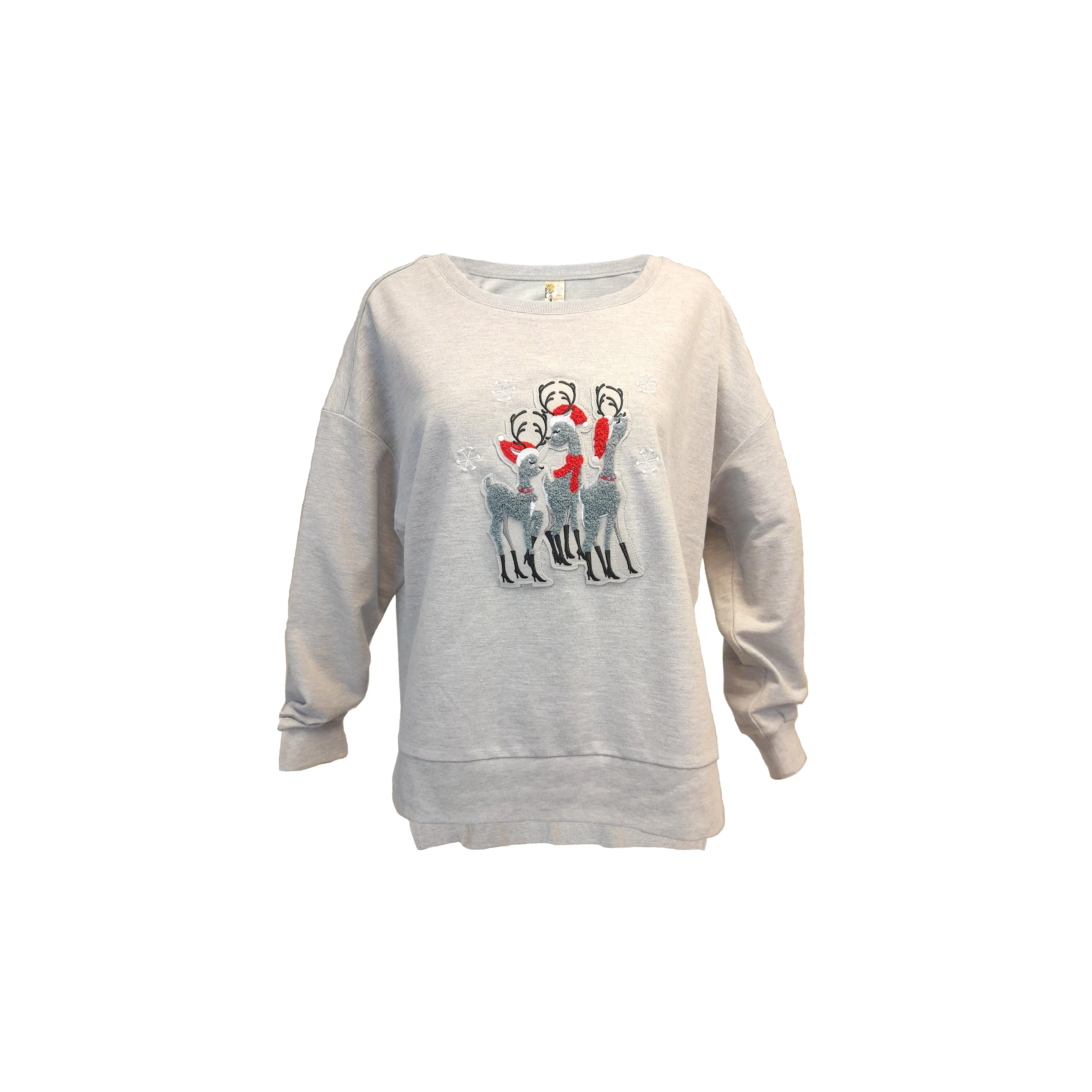 Santa Deer Chenille Patch Lt Steel Boxy Crew