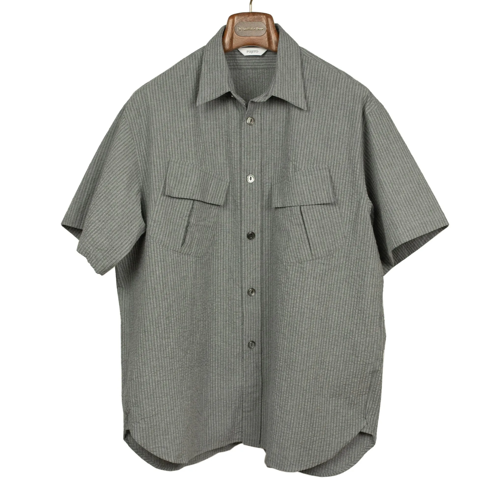 Short sleeve fatigue shirt in charcoal and grey stripe cotton seersucker