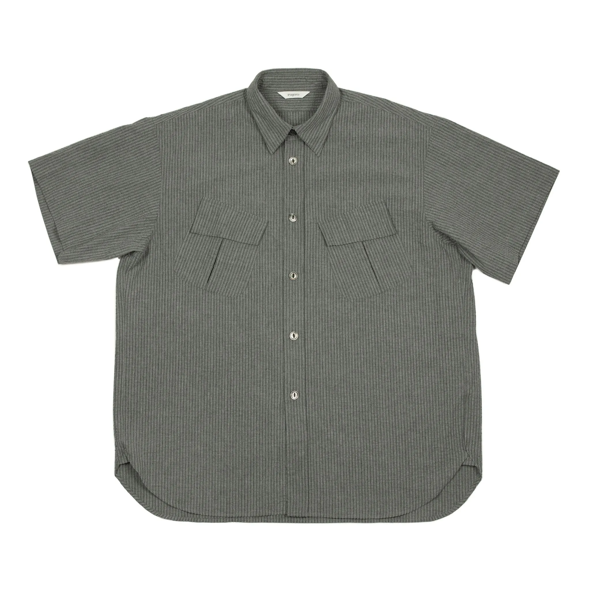 Short sleeve fatigue shirt in charcoal and grey stripe cotton seersucker